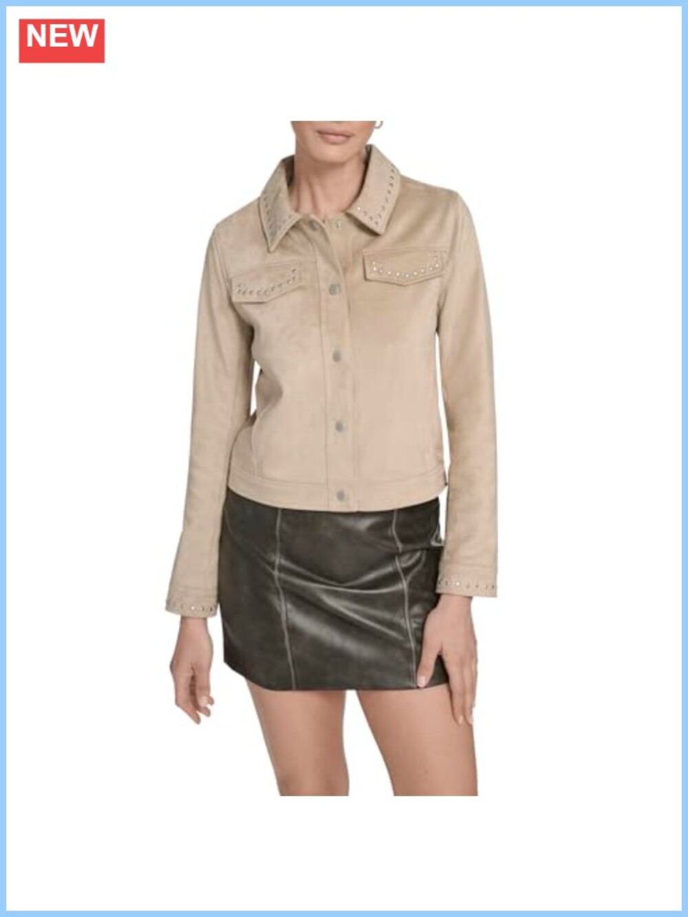 Faux Suede Studded Laydown Collar Snap Front Jacket Puff Sleeve